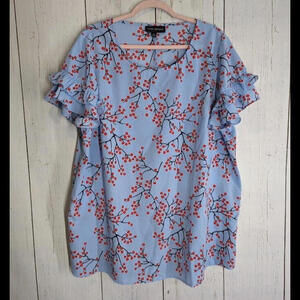 Lane Bryant 16L Blue‎ Yellow Floral Womens Short Sleeve Ruffle Sleeve Blouse